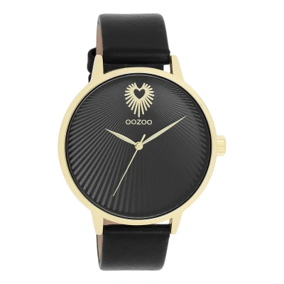 Afbeelding van OOZOO Timepieces Goudkleurige horloge met zwarte leren band C11242