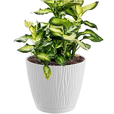 Afbeelding van Stijlvolle kunststof plantenpot/bloempot dia 17 cm/hoogte 16 cm Waves wit voor binnen/buiten