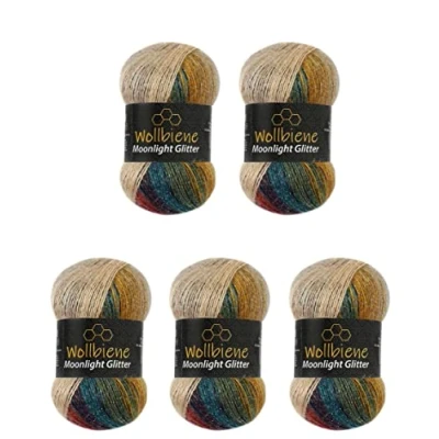 Afbeelding van Wollbiene Moonlight Glitter Batik Simli breiwol, 5 x 100 g, 500 gram 20% metallic wol, Turkse kleurverloop, 3050, okergroen
