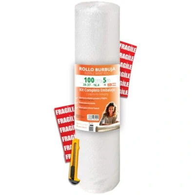 Afbeelding van OFITURIA Luchtkussenfolie 100 cm x 5 m complete verpakkingsset met cutter + 12 etiketten Fragile set voor verhuizing, verpakking, noppenfolie