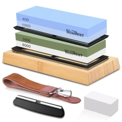 Afbeelding van TechBest Messenslijpsteen: professionele slijpsteen met dubbele korrelgrootte 400/1000 en 3000/8000, antislip basis van bamboe, platte steen, hoekgeleiding leer
