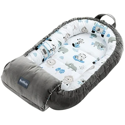 Afbeelding van Bellochi Bedverkleiner voor babybed met voedingskussen, babycocon, katoen en fluweel, 0 12 maanden, babynest, 90 x 60 cm, Safari
