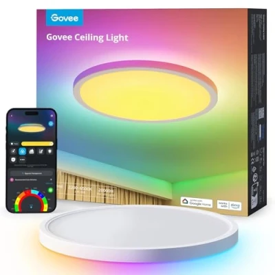 Afbeelding van Govee RGBIC Smart led plafondlamp, dimbaar, 24 W, diameter 30 cm, met 16 miljoen kleuren, doe het zelf, werkt Alexa en Google Assistant voor slaapkamer, woonkamer