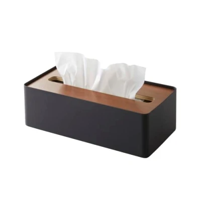 Image de Boîte à Mouchoirs en Métal Noir et Couvercle Bois