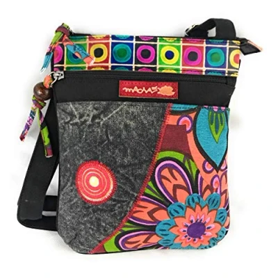 Afbeelding van Macha Indiase etnische schoudertas voor dames, platte tas, zwart.