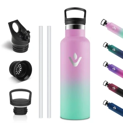 Afbeelding van Vikastar Roestvrijstalen thermosfles, 500 ml, BPA vrij, met rietje voor school, sport, fietsen, kamperen, lichtroze en lichtgroen