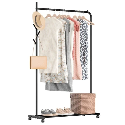 Afbeelding van Avalo Kledingrek op Wieltjes Zwart Metaal 100x40x156 Opbergruimte Voor Schoenen