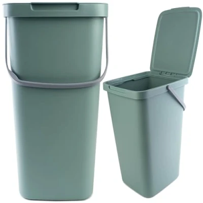 Afbeelding van KADAX Afvalemmer van kunststof met klapdeksel en handgreep, rechthoekige afvalverzamelaar, voor afvalscheiding (groen, 25 liter)