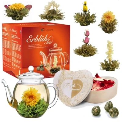 Afbeelding van Creano cadeauset blooming tea Theebloemen mix in houten doosje hartvorm 6 soorten witte thee incl. glazen theepot 500ml