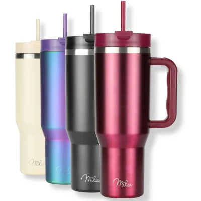 Afbeelding van Milu Tumbler 1200ml met Rietje en Handvat 24u Koud / 48u Ijs 12u Heet Dubbelwandige Isolatie Thermosbeker Koffie Voor in de Auto Thermos Beker Travel Mug to go (Berry)