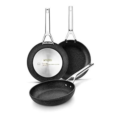 Afbeelding van MONIX Mineral Set Koekenpannen 18 22 26 cm, Gesmeed Aluminium met Quantanium Antiaanbaklaag Versterkt Titaniumdeeltjes en zonder PFOA, Grijs
