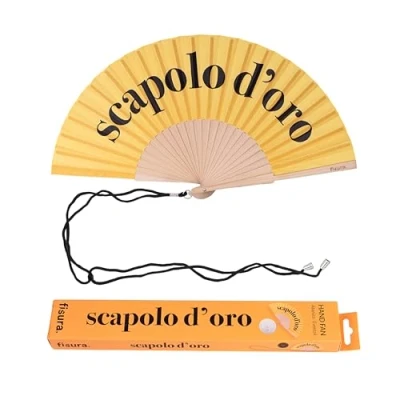 Afbeelding van Fisura Houten waaier met spreuk Scapolo van ORO, elegante bruiloftswaaier, handwaaier elegant design en ophanghaak, afmetingen 42,5 x 23 cm