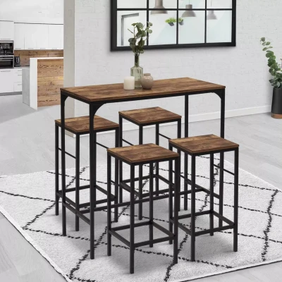Image de Table haute de bar DAYTON 100 cm et 4 tabourets bois foncé effet vieilli design industriel