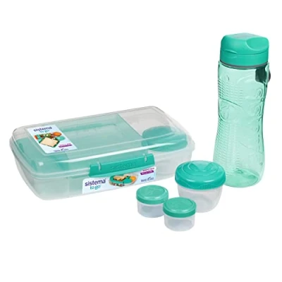 Afbeelding van Sistema To Go 6 pack lunchboxen en met waterfles (800 ml), Bento Box (1,76 l), 2 saladedressingpotten yoghurtpotten, BPA vrij, recyclebaar TerraCycle®