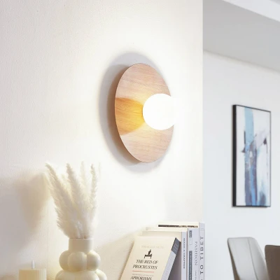 Afbeelding van Wandlamp Lindby Zain, houtkleur/wit, glas, Ø 33 cm, G9