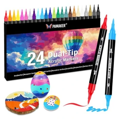 Afbeelding van Acrylverfstiften, 24 stuks, dubbele punt met fijne en kwast, voor steen, hout, kalligrafie, canvas, keramiek, metaal, glas, rockverf, doe het zelf