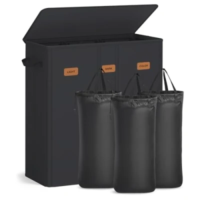 Afbeelding van SONGMICS Wasmand met 3 vakken, 160 l, deksel, 5 etiketten, uitneembare en wasbare binnenzak, wasruimte of slaapkamer, inktzwart RLH013B01