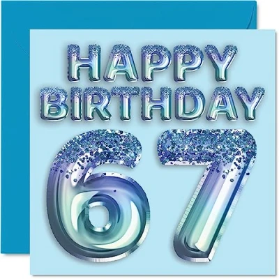 Afbeelding van 67 jaar verjaardagskaart voor mannen blauwe glitterfeestballon verjaardagskaarten van jaar, oom, opa,