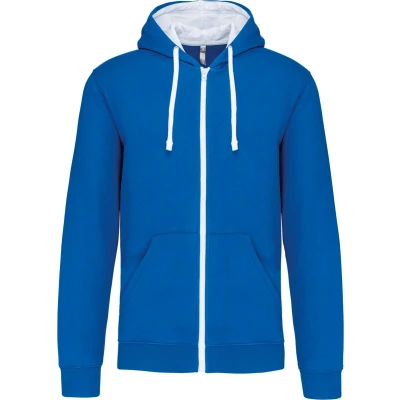 Afbeelding van Kariban Herensweater met rits en capuchon in contrasterende kleur K466 Light Royal Blue / White