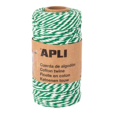 Afbeelding van APLI 19842 Tweekleurig katoenen touw voor geschenkverpakkingen, groen en wit garen, ideaal knutselen of kerstdecoraties elk feest, spoel 100 x 2 mm