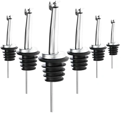 Afbeelding van COM FOUR® 6 x schenkfles met beschermdeksel, maatbeker van roestvrij staal, portionator voor rum, whisky, dranken, azijn, olie (06 stuks, zilverkleurig, deksel)