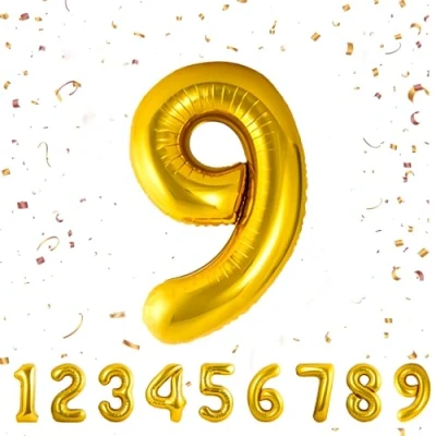 Afbeelding van Ballonnen verjaardag 9 jaar goud 101 cm ballon nummer verjaardagsdecoratie 9e vliegen met helium