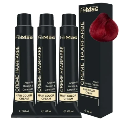 Image de FemMas Lot de 3 teintures Pure&amp;Mix, 100 ml, crème professionnelle, coloration intense et permanente, pour des styles cheveux lumineux créatifs, à l’huile d&#039;argan, kératine céramides, rouge
