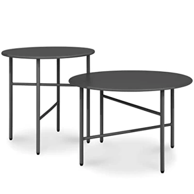 Afbeelding van bomoe Finn Set van 2 Ronde Bijzettafels Metaal Zwart Krasbestendig Tafelblad Ø 44cm &amp; Ø53cm Stabiel, Lichtgewicht Salontafel voor Binnen Buiten