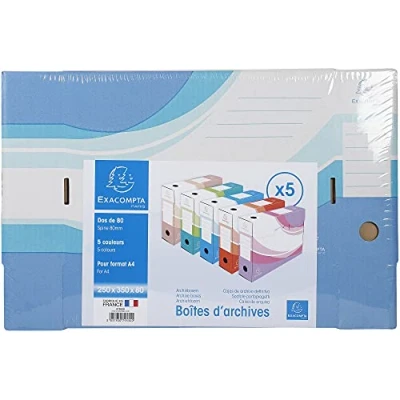 Afbeelding van Exacompta De set van 5 archiefdozen binnen kraft rugbreedte 80 mm Afmetingen 25 x 35 cm Voor A4 formaat Geassorteerde kleuren beige, blauw, roze, rood en groen Plat verpakt