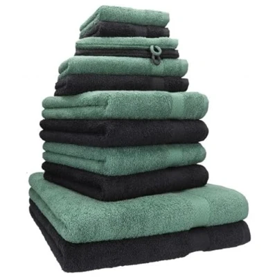 Afbeelding van 12 delige handdoekenset premium 100% catoen 2 douchehanddoeken 4 handdoeken gastendoekjes zeepdoekjes washandjes kleur grafiet/dennengroen