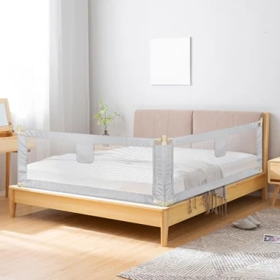 Afbeelding van Barrière de Lit pour Les Tout Petits, réglable en Hauteur, Cadre métal Robuste Bébé Sécurité, Métallique Anti Chute, Gris foncé 2,0 m