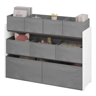 Afbeelding van Lestarain Opbergrek voor kinderen, speelgoedopslag opbergmeubel speelgoed, 9 afneembare dozen van vliesstof, wit + grijs, 92 x 30 60/68 cm