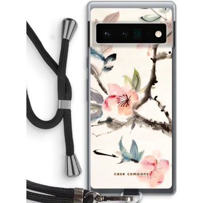 Afbeelding van Case Company® hoesje met Koord geschikt voor Google Pixel 6 Pro Japanse bloemen Telefoonhoesje Zwart Bescherming aan alle Kanten en Over de Schermrand