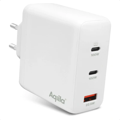Afbeelding van Aqiila USB oplader, 120W, C Adapter, Snellader GaN, PD Power Delivery Quick Charge, PPS, 2x C, 1x A, 100 240V, Chargebird W4 Wit