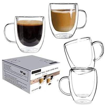 Afbeelding van Koffiekopjes van glas, 4 stuks, 350 ml, dubbelwandig, met mouwen, licht, hittebestendig, voor cappuccino, latte, thee, stuks