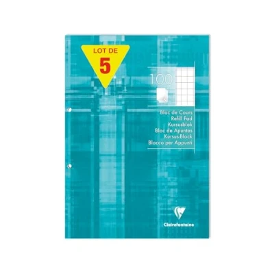 Afbeelding van Clairefontaine 5810Cpack Un lot de 5 Blocs Cours Encollés Perforés Turquoise A4 21x29,7 cm 200 Pages Quadrillé 10x10 avec Marge 90g Couverture Carte Pelliculée