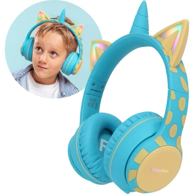 Afbeelding van imoshion Kids Unicorn LED Light Bluetooth Headphones Kinder koptelefoon met decibelbegrenzer Draadloze + AUX kabel Soft Blue / Yellow
