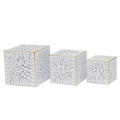 Afbeelding van Plantenbakkenset DKD Home Decor Lakens Gouden Metaal 15 x cm Wit Tropisch Blad van een plant