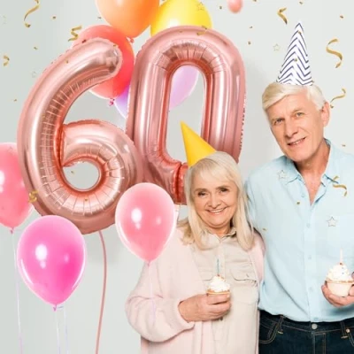 Afbeelding van Ballonnen verjaardag 60 roségoud 100 cm ballon cijfer 60, nummer Happy Birthday decoratie, ballonnen, verjaardagsfeest, jaren vliegen dankzij heliumballonnen