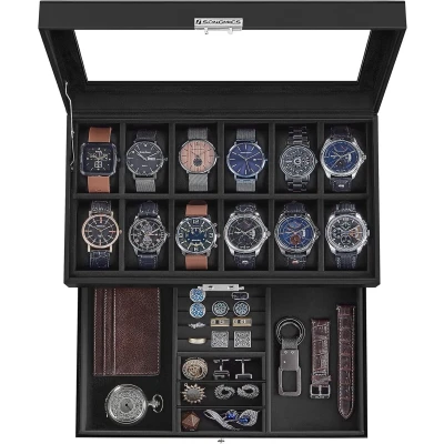 Afbeelding van Songmics JWB012B03 Horlogedoos met glazen deksel, 2 etages, afsluitbaar, 1 lade, voor ringen, armbanden, zwart kunstleer, zwarte voering,