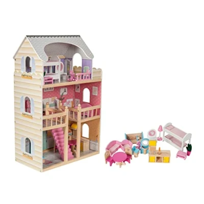 Afbeelding van Houten Poppenhuis Mamabrum met Meubels en accessoires Droomhuis bouwpakket maken poppenhuisinrichting LED verlichting meubeltjes 90 cm hoog pop huis dollhouse diy groot XXL