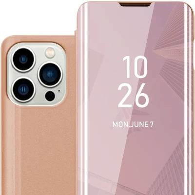 Afbeelding van Cadorabo Hoesje geschikt voor Apple iPhone 14 PRO MAX in KUNZIET ROZE Clear View Spiegel Beschermende Case met Tribunefunctie 360 Graden Bescherming Book Cover Etui