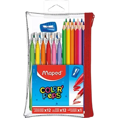 Afbeelding van Maped Color&#039;Peps pennenetui, transparant, 12 kleurpotloden + wasbare en droogbestendige viltstiften 1 puntenslijper, herbruikbaar etui met ritssluiting