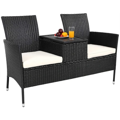Afbeelding van Casaria Tuinbank Polyrattan 2 Zitter Incl. Tafel &amp; Kussens Zwart