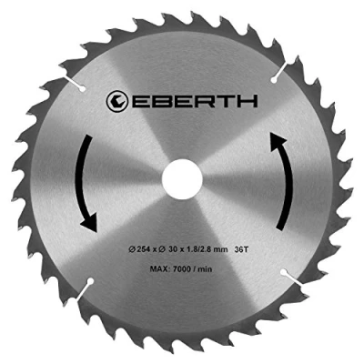 Afbeelding van EBERTH Cirkelzaagblad van staal met tanden carbide voor het snijden hout (diameter 254 mm, boring 30 bladdikte 1,8 zaagbreedte 2,8 36 tanden, rpm max. 7000)