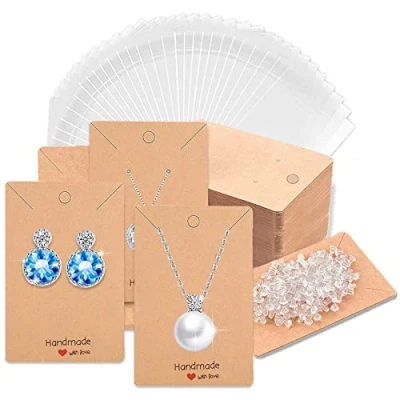 Afbeelding van Peysaitr 50 stuks kraftpapieren kaarten voor sieraden, oorbellen, kaarthouder met achterkant oorbellen en 100 zelfdichtende zakjes doe het zelf sieradenverpakkingen