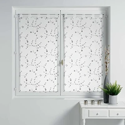 Afbeelding van douceur d&#039;intérieur, 1 paar gordijnen met lussen (2 x 60 160 cm) kleine bloem wit/grijs, geborduurde zandkleurige voilage
