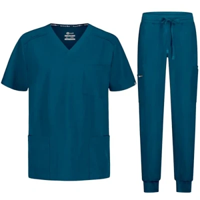 Afbeelding van B well MATTEO Schrobset voor heren, inclusief jas en joggingbroek, medische kleding, beroepskleding, met elastaan, Caribisch groen