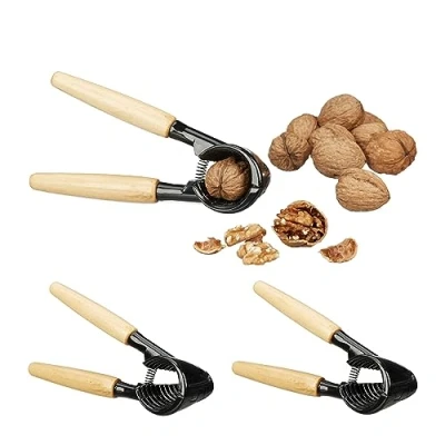 Afbeelding van Relaxdays notenkraker set van 3 walnootkraker notentang houten handvat metaal