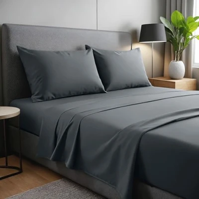 Afbeelding van 4 delige lakenset, 150 x 190/200 cm, geborsteld polyester microvezel lakens. Bedlaken, verstelbaar hoeslaken en 2 kussenslopen. Kleur donkergrijs